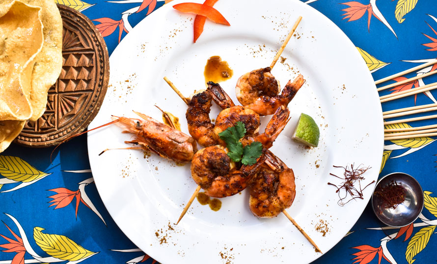 Lime Shrimp Skewers with Melefsis Curry & Saffron Infused Honey Sauce
